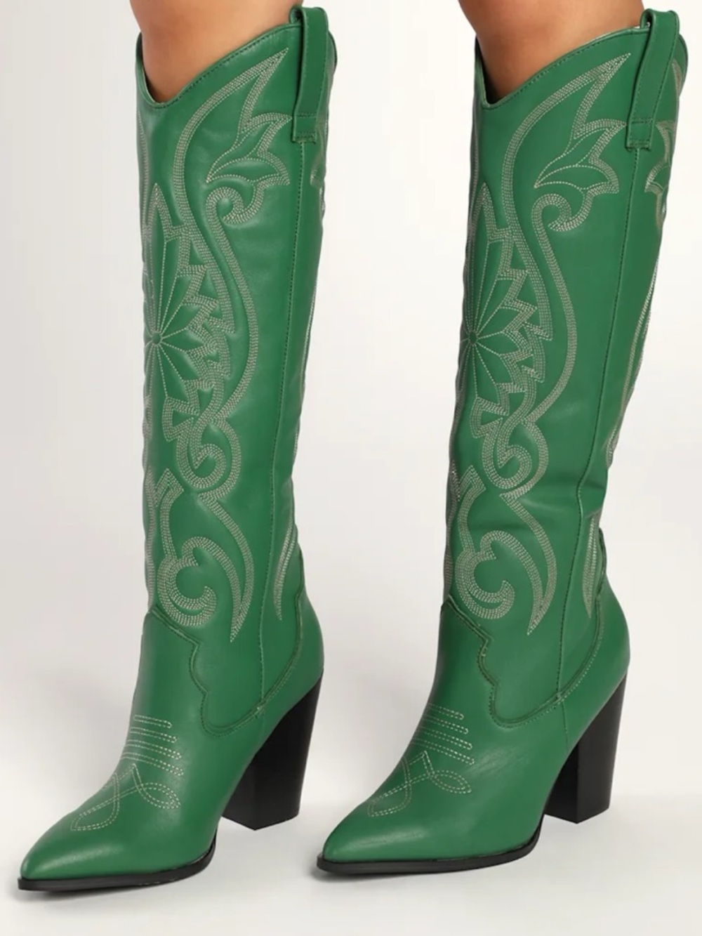 Steve Madden Lasso Green Embroidered Knee-High Heeled Boots